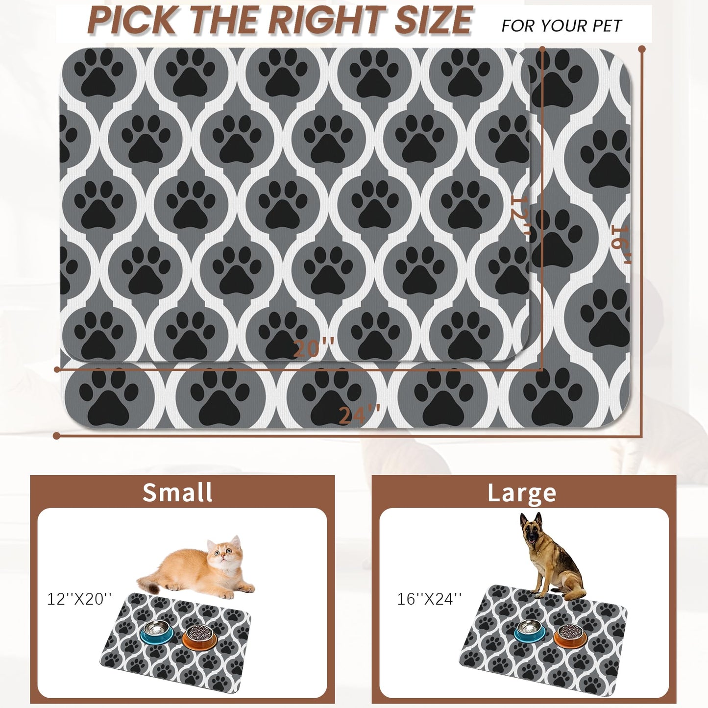 Gray Paw Print Geometric Dog Cat Food Mat,Absorbent Pet Feeding Mat for Food and Water,Non-Slip Dog Bowl Mats Floor Protector 12"x20"
