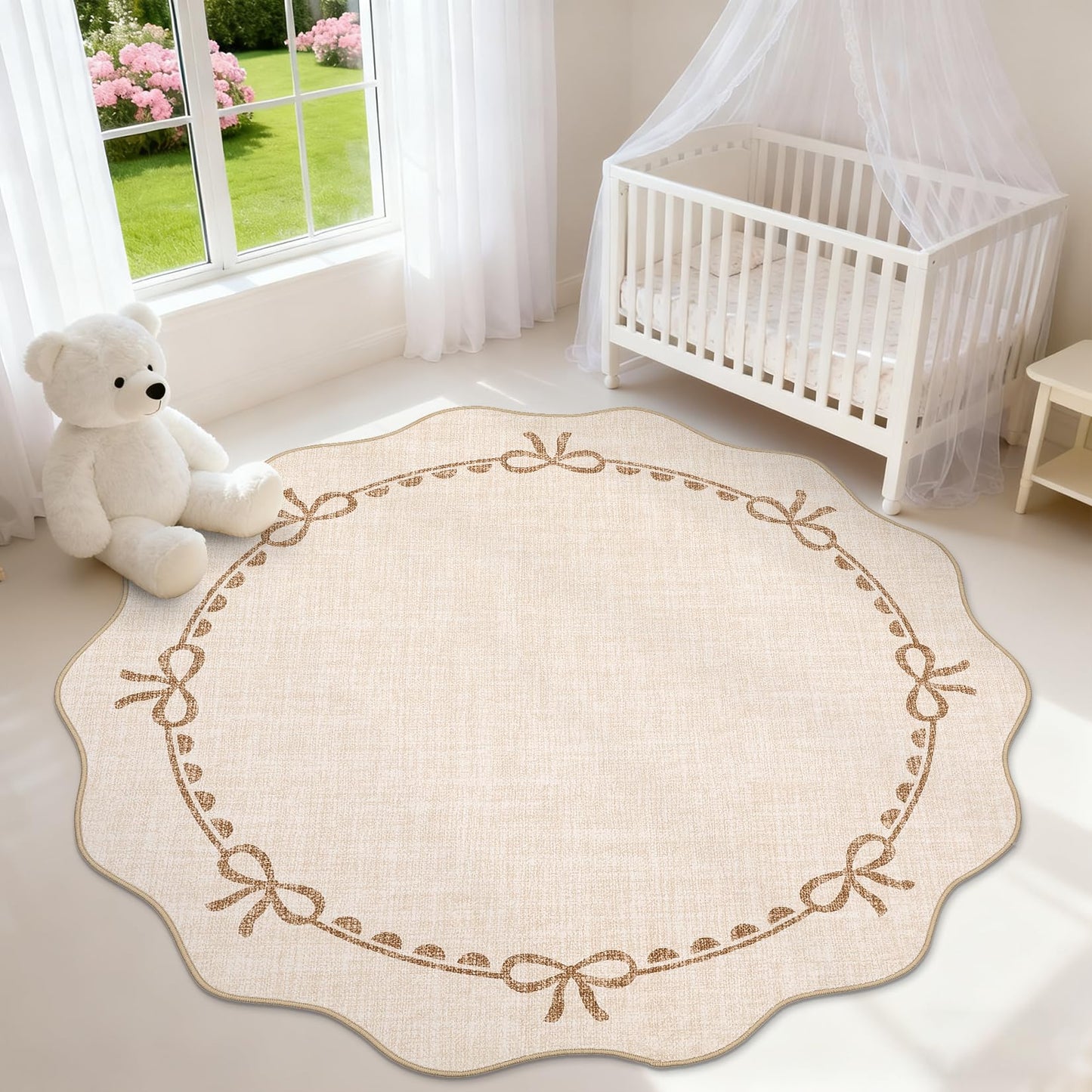 GarveeHome Scalloped Bow Rug for Living Room, 4ft Round Rugs Washable Solid Beige Rug for Dorm Soft Low Pile Non Slip Scalloped Rugs for Nursery Bedroom Decor Kids Room Playroom