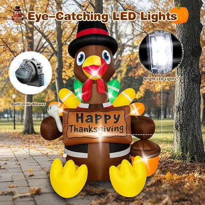 Thanksgiving Inflatables Turkey Outdoor Decorations 6FT Fall Inflatable Turkey with Built-in LED Lights with Colorful Tail Blow up Outdoor Lawn Yard Decoration