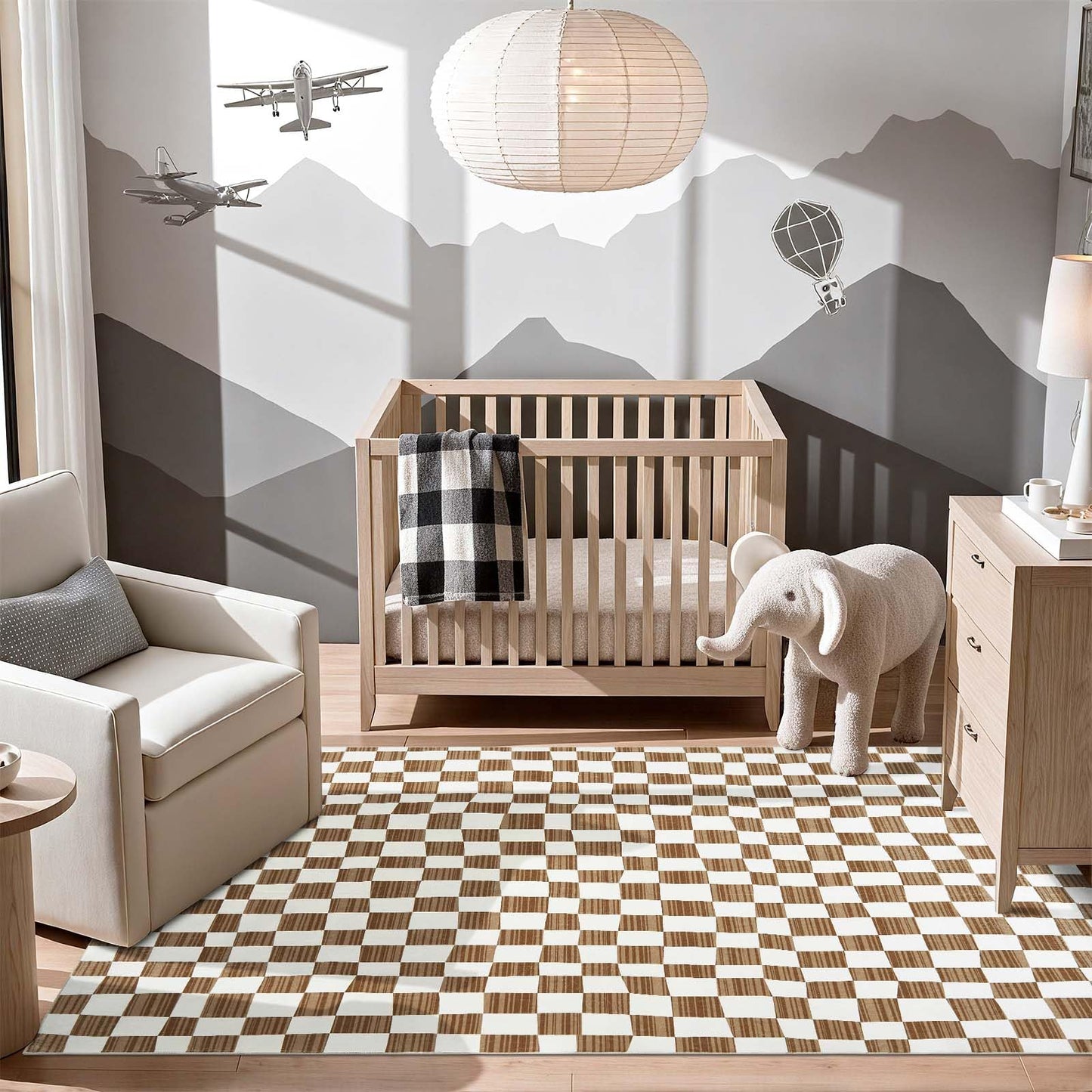 jinchan 5x7 Brown Checkered Area Rugs for Kids Room - Machine Washable Rug Modern Neutral Geometric Lattice Soft Non-Slip Carpet for Nursery Playroom Classroom Living Room Bedroom Home Office