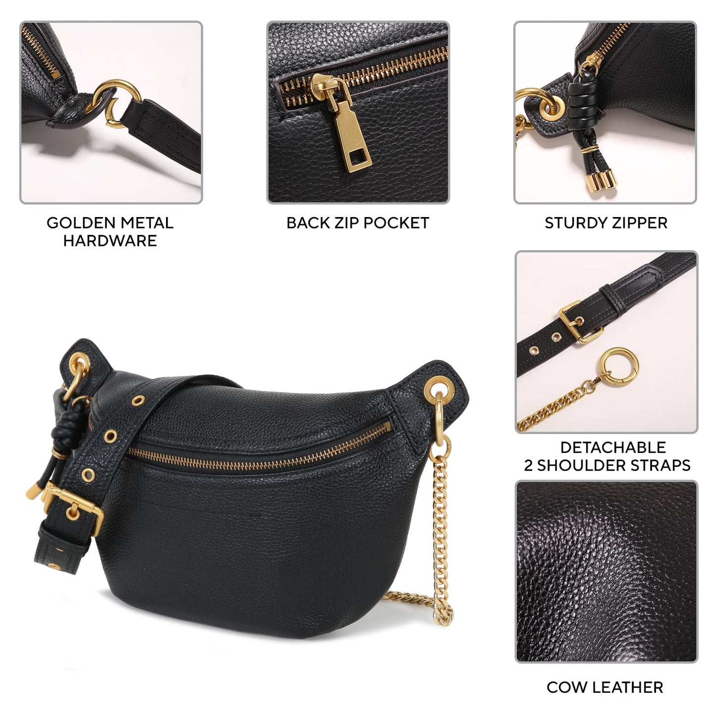 ITAMOOD Genuine Leather Waist Packs for Women, Fashion Fanny Pack Belt Bag, Luxury Designer Trendy Crossbody Bag, Festival Bum Bags for Sports Traveling Running With Chain Straps