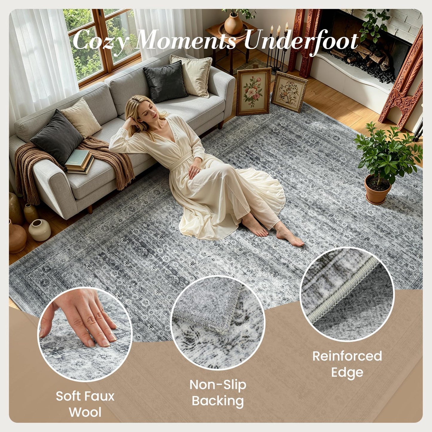 Vibrug Area Rug 6x9 Foggy Grey Vintage Washable Living Room Rugs Farmhouse Distressed Retro Floral Non-Slip Low Pile Stain Resistant Neutral Carpet for Office, Nursery, Lounge, Bedroom Foot of Bed