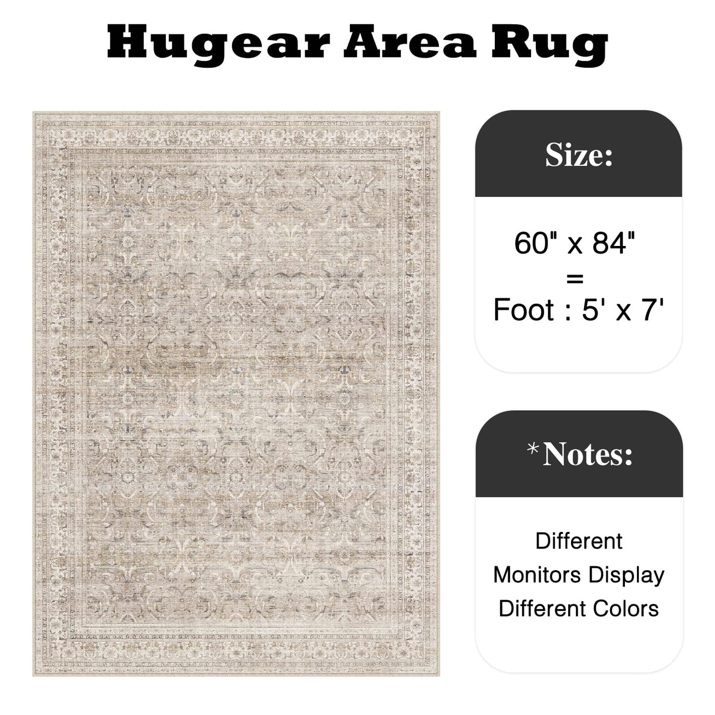 HUGEAR Area Rug 5x7 Vintage Beige Machine Washable Living Room Rugs Distressed Retro Floral Vacuumable Low Pile Carpet Bedroom Office Dining Room Laundry Room Non Slip Soft Lightweight