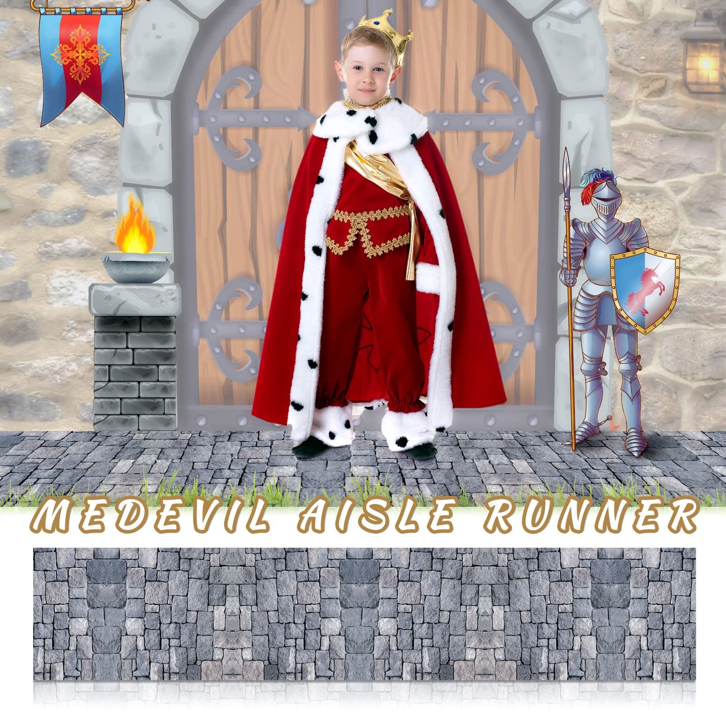 Fabbay 2 Pack 10ft Cobblestone Aisle Runners Medieval Party Decorations Polyester Brick Stone Printed Floor Runners for Medieval Castle Knight Themed Party Supplies Castle Table Cover