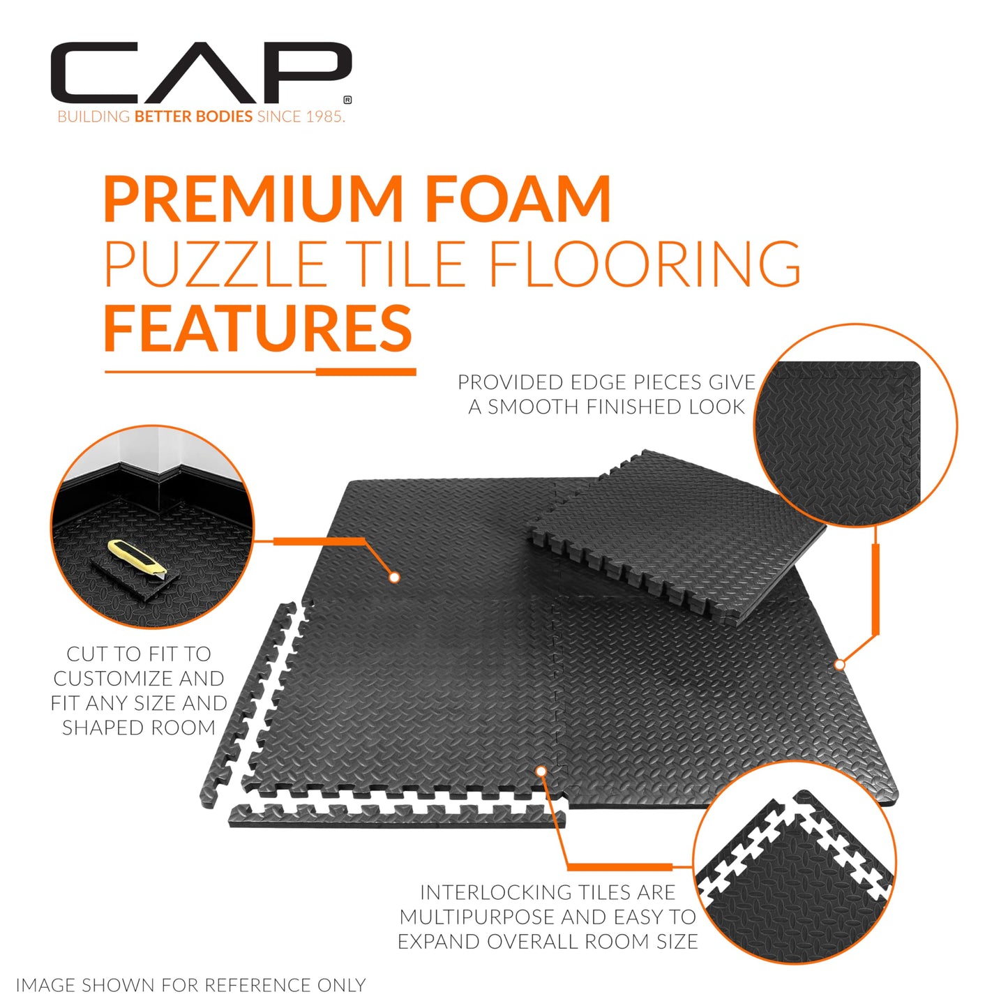 CAP Barbell 1/2-Inch Interlocking EVA Foam Exercise Puzzle Mat Home Gym Flooring - 3 Pack | 24" x 24" x 1/2" | Diamond Pattern - Black