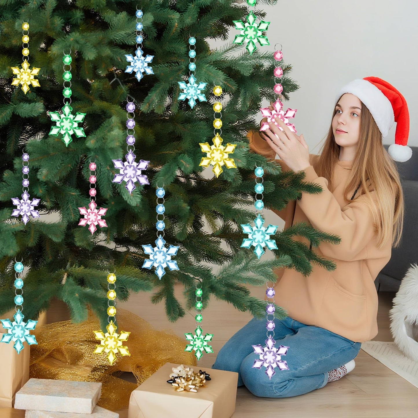 Simgoing 30 Pcs Christmas Pastel Crystal Snowflake Ornaments for Tree, Hanging Crystal Acrylic Snowflake Decoration Pendants for Winter Wonderland, Home Decor Holiday Party Supplies Favor Celebration