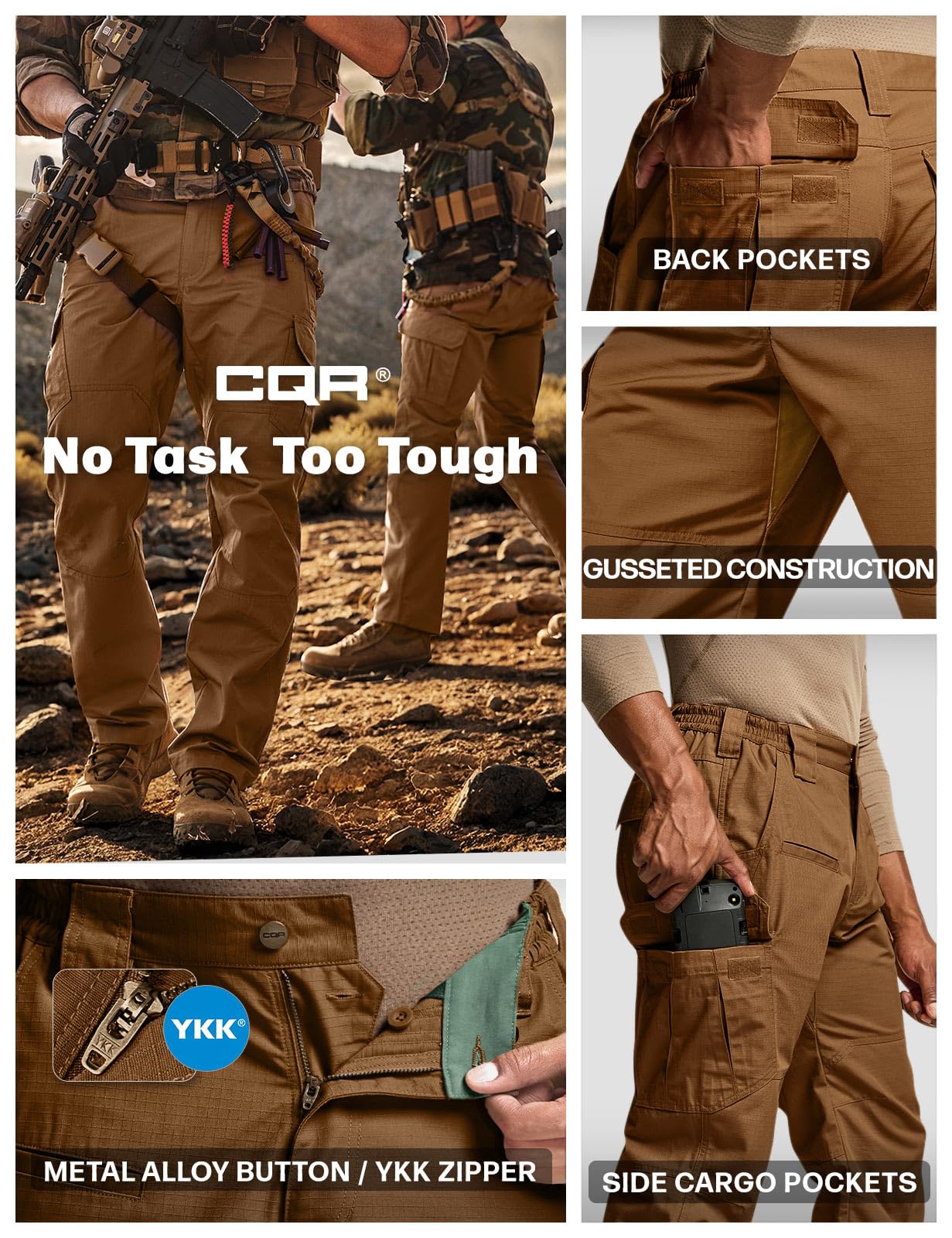 CQR Men's Tactical Pants, Water Resistant Ripstop Cargo Pants, Lightweight EDC Work Hiking Pants, Outdoor Apparel, Raider Copper Brown, 28W x 30L