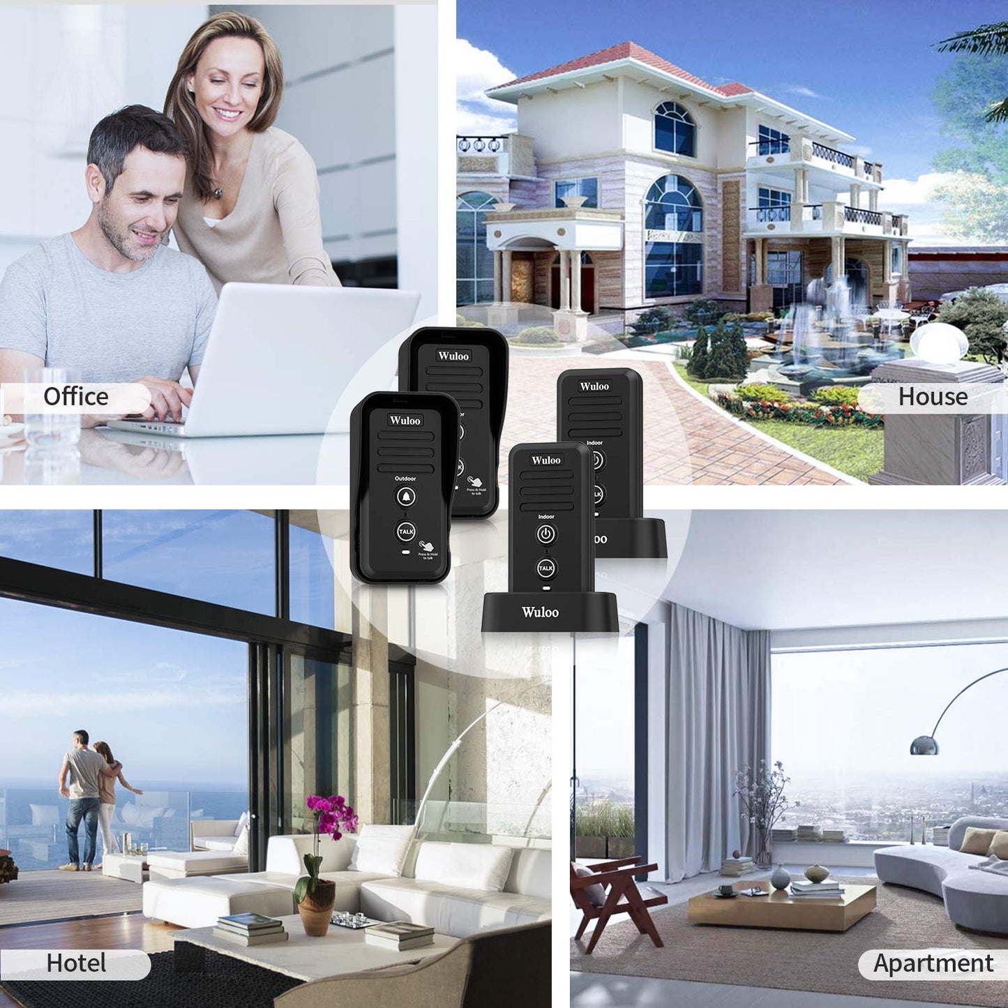 Wuloo Wireless Intercom Doorbells for Home Classroom, Intercomunicador Waterproof Electronic Doorbell Chime with 1/2 Mile Range 3 Volume Levels Rechargeable Battery (Black, 1&2)