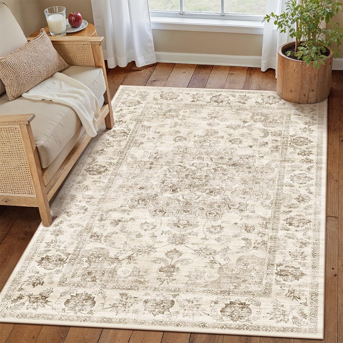 WondRg 3x4 Washable Neutral Area Rug Beige Vintage Entryway Office Carpet Non-Slip Soft Low Pile Farmhouse Throw Rug for Entrance Living Room Bathroom Dining Room