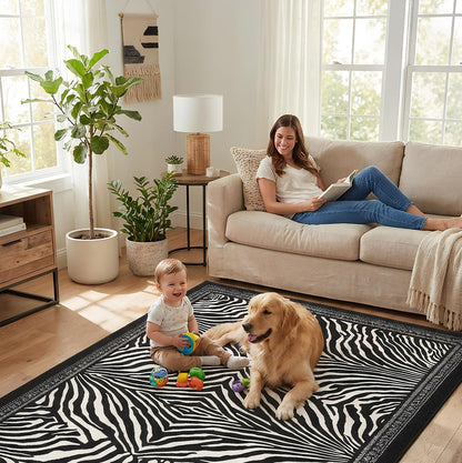 BreezeRise 5x7 Area Rug for Living Room,Modern Abstract Black and White Zebra Print Rug,Non-Slip Washable,Bedroom, Dining Room, Home Office