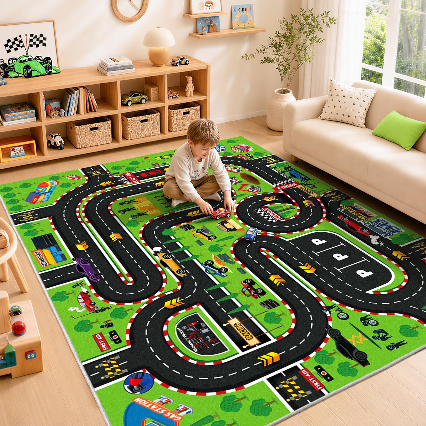 Quntue Kids Play Rug 4x5 Ft, Non-Slip Race Track Car Rug Play Mat, Washable Soft Road Carpet for Boys Room, Playroom, Bedroom, Nursery, Classroom