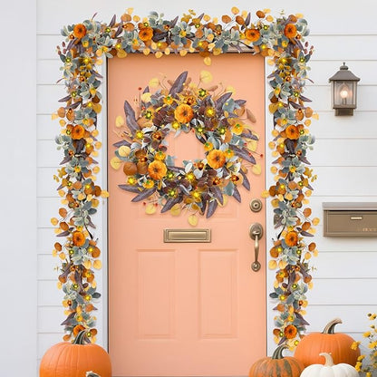 Fall Wreaths for Front Door, 20" Fall Wreath with Lights, Artificial Autumn Door Wreaths-Pumpkin, Berry Branch, Mixed Leaves Decor for Home Outside Indoor Wall Harvest Festival Thanksgiving Decoration