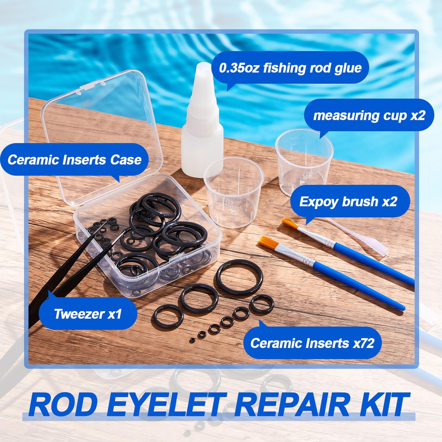 VercanMonth 78 Pcs Rod Tip Repair Kit Fishing Rod Eyelet Repair Kit Includes 12 Sizes Fishing Pole Ceramic Guides Rings Replacement Glue Brushes and Measuring Cups