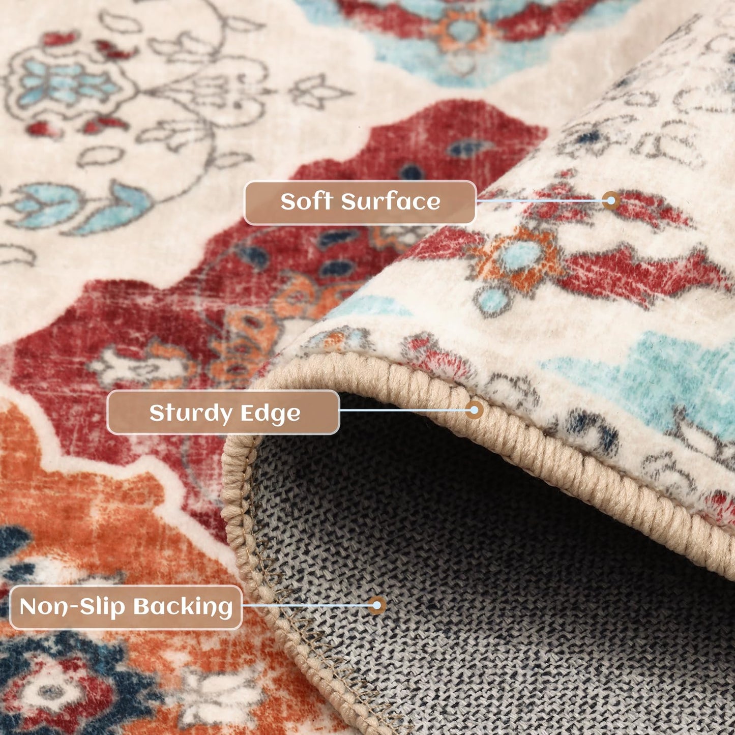 FLYRUGGO Area Rugs, 5x7 Washable Boho Throw Rug Indoor, Moroccan Trellis Bohemian Ultra Soft Large Non-Slip Carpet for Living Room Dining Room Office Bedroom (001-Orange/Multi, 5x7)