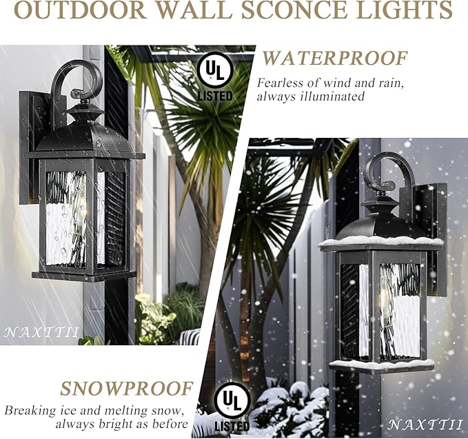 Exterior Lighting Fixtures 15 Inch Black Outdoor Wall Lights with Water Ripple Glass for Porch Front Door E26 Socket