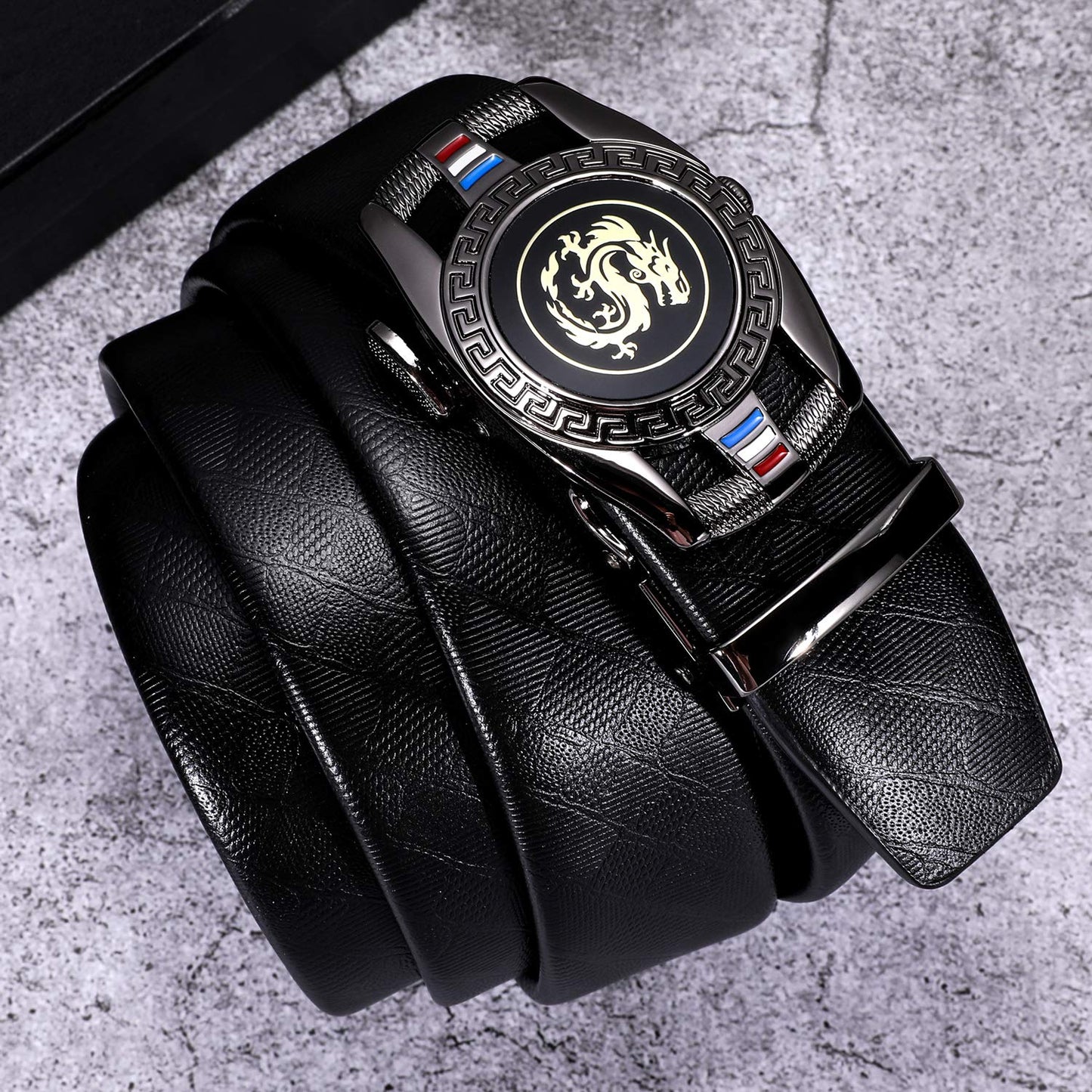 Barry.Wang Mens Belts Leather Ratchet 1 3/8" Dragon Buckle Adjustable Designer Black Belt Click Slide Automatic Strap Christmas Business