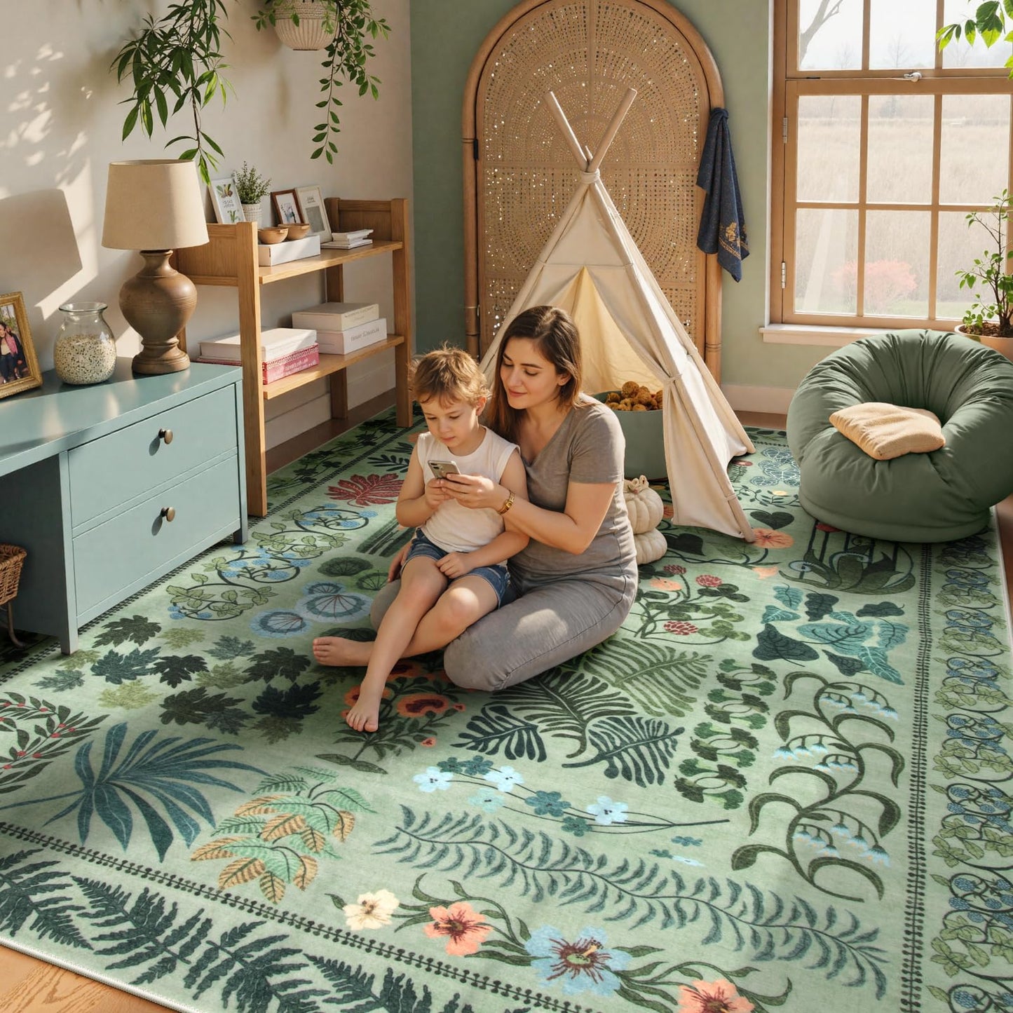 Zealude Boho Green Washable 8x10 Area Rug for Living Room, Floral Large Rugs for Bedroom Aesthetic, Non Slip Botanical Soft Indoor Throw Carpet for Dining Room Home Office Playroom (Green,8 x 10)