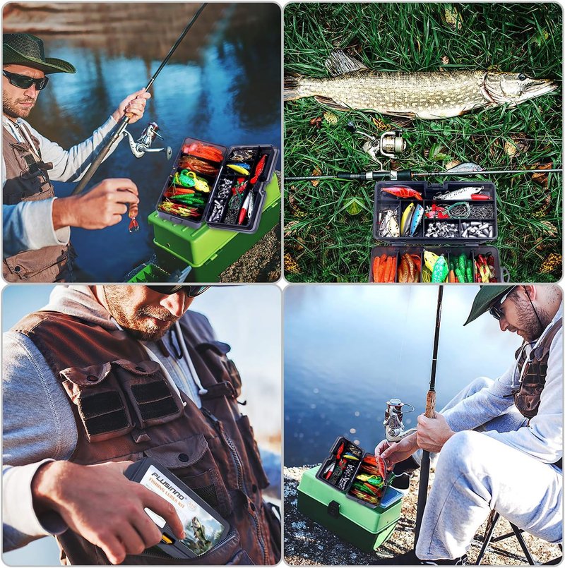 PLUSINNO 210pcs Fishing Lures Fishing Tackle Box Fishing Gifts for Men, Bass, Trout Fishing Accessories Kit for Saltwater & Freshwater Fishing Gear Including Topwater Lures, Hooks, Spinnerbaits