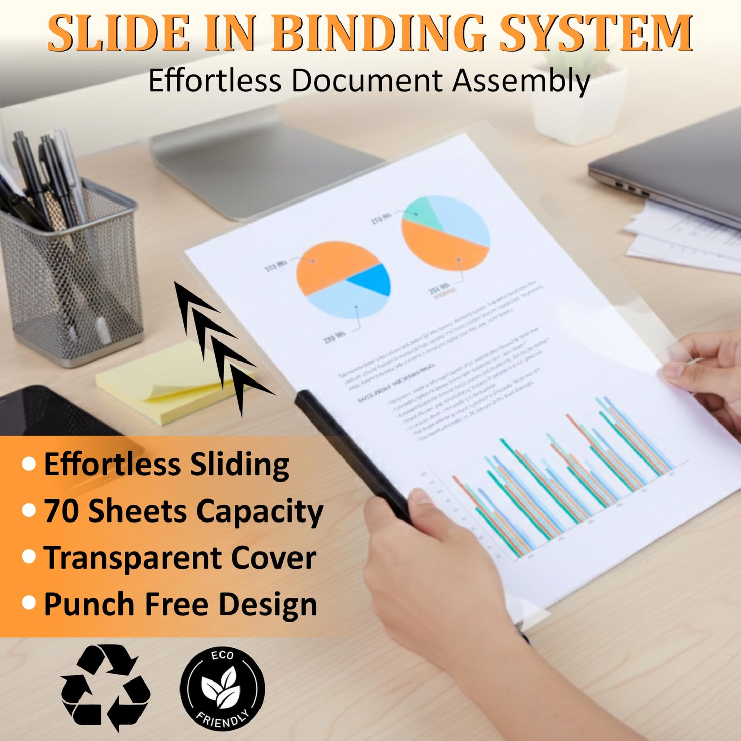 50 Pack Report Covers with Sliding Bar - Clear Plastic Presentation Folders for A4 & Letter Size Paper, 70 Sheet Capacity File Document Binder for School, Office, Resume & Business Use