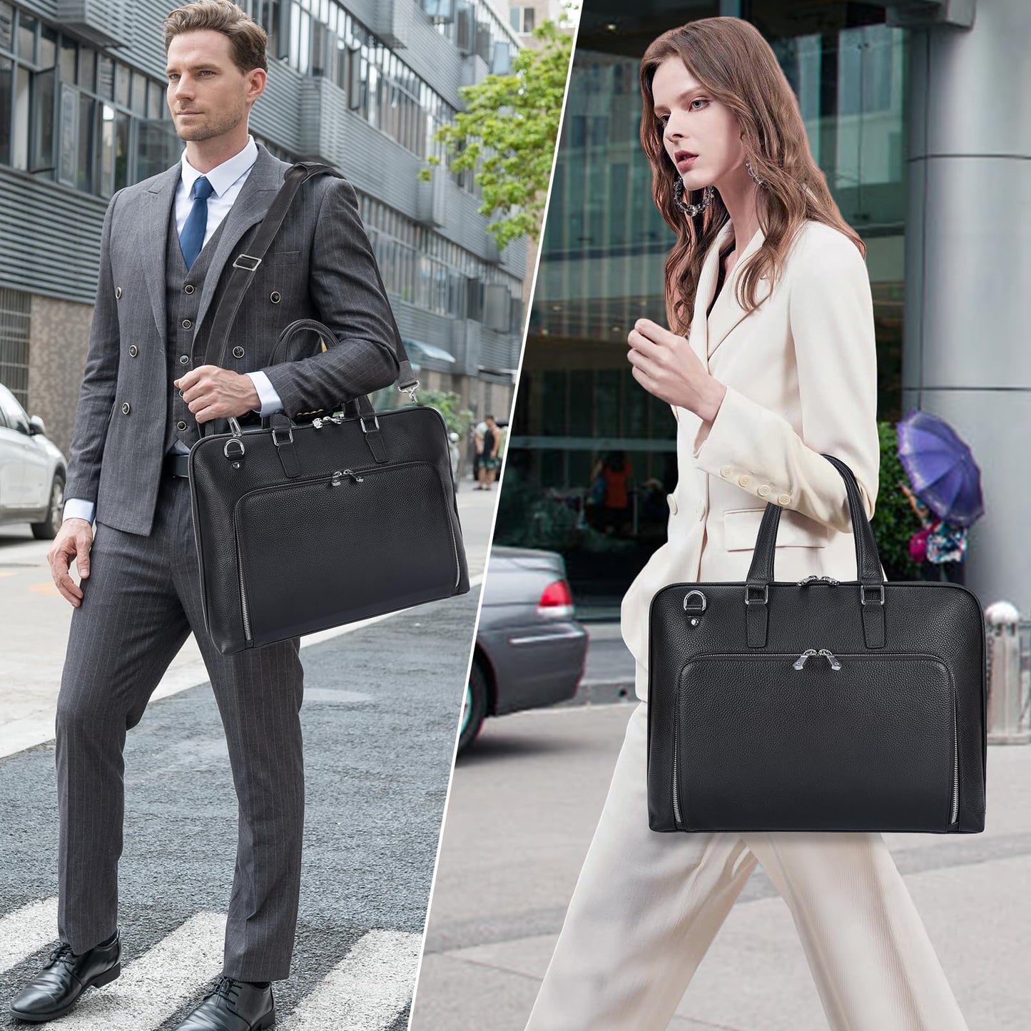 Masa Kawa Black Leather Slim Briefcase for Men Women Fits 15.6-16 Inch Laptop Professional Business Messenger Crossbody Shouder Bag Lawyer Ladies Office Work Brief Attche Case, Large
