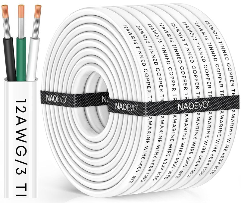 NAOEVO 12 Gauge Marine Wire, 12/3 Triplex Marine Electrical Cable, Waterproof/Insulated PVC/Oxygen-Free Tinned Copper 12 AWG Wire for Boat, Automotive, RV, Solar, LED, Trolling Motor (50FT)