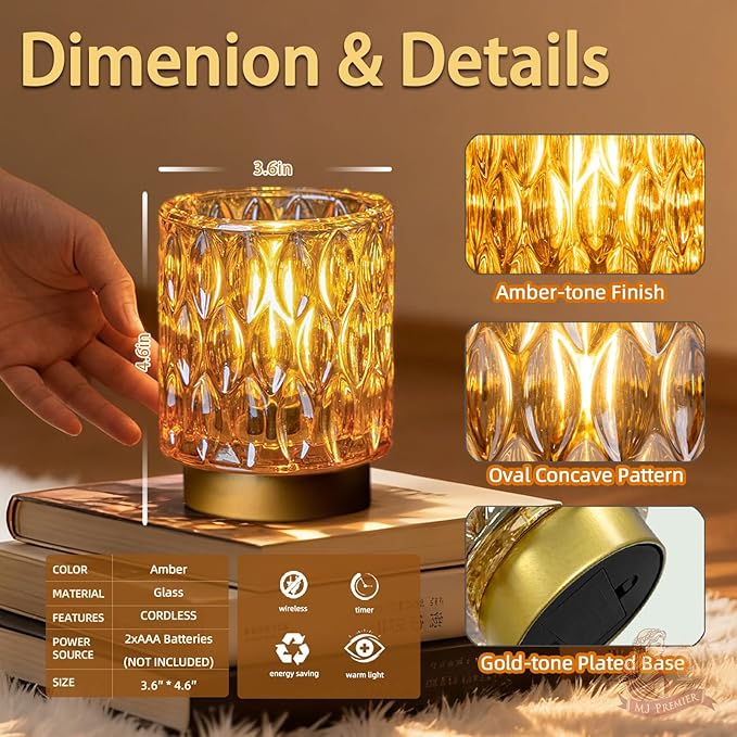 Battery Operated Table Lamps Timer, Mini Crystal Lamp for Area No Plug, Cordless Lamp with LED Bulb for Power Outage, Decorative Lamps for Tabletop/Corner/Entryway/Stairway/Bathroom/Fireplace(2*AMBER)