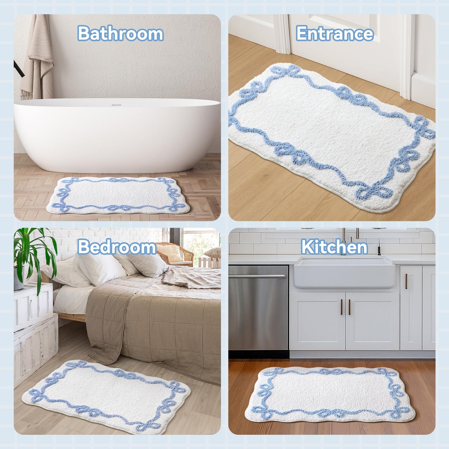 TRUEDAYS Blue Scalloped Bath Mat - Cute Bow Bathroom Rugs Small Non Slip Bath Mat, Soft & Absorbent Bath Rugs for Bathroom Decor, Tub, Vanity Floor