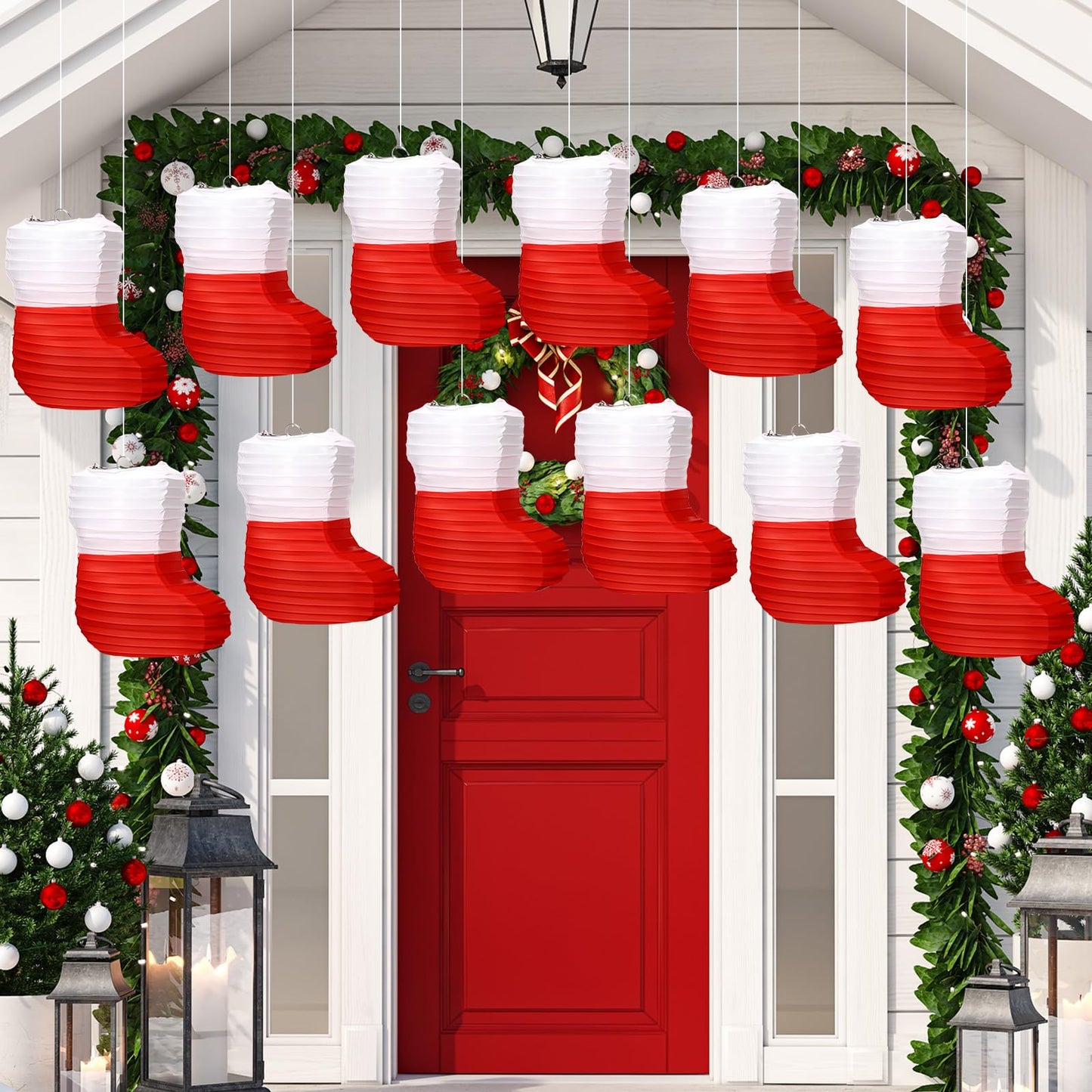 Hortsun 12 Pcs Christmas Paper Lanterns Christmas Stocking Paper Lanterns 8 Inch Red White Xmas Stocks Honeycomb Foldable Hanging Lantern for Xmas New Year Holiday Party Indoor Outdoor Hanging Decor