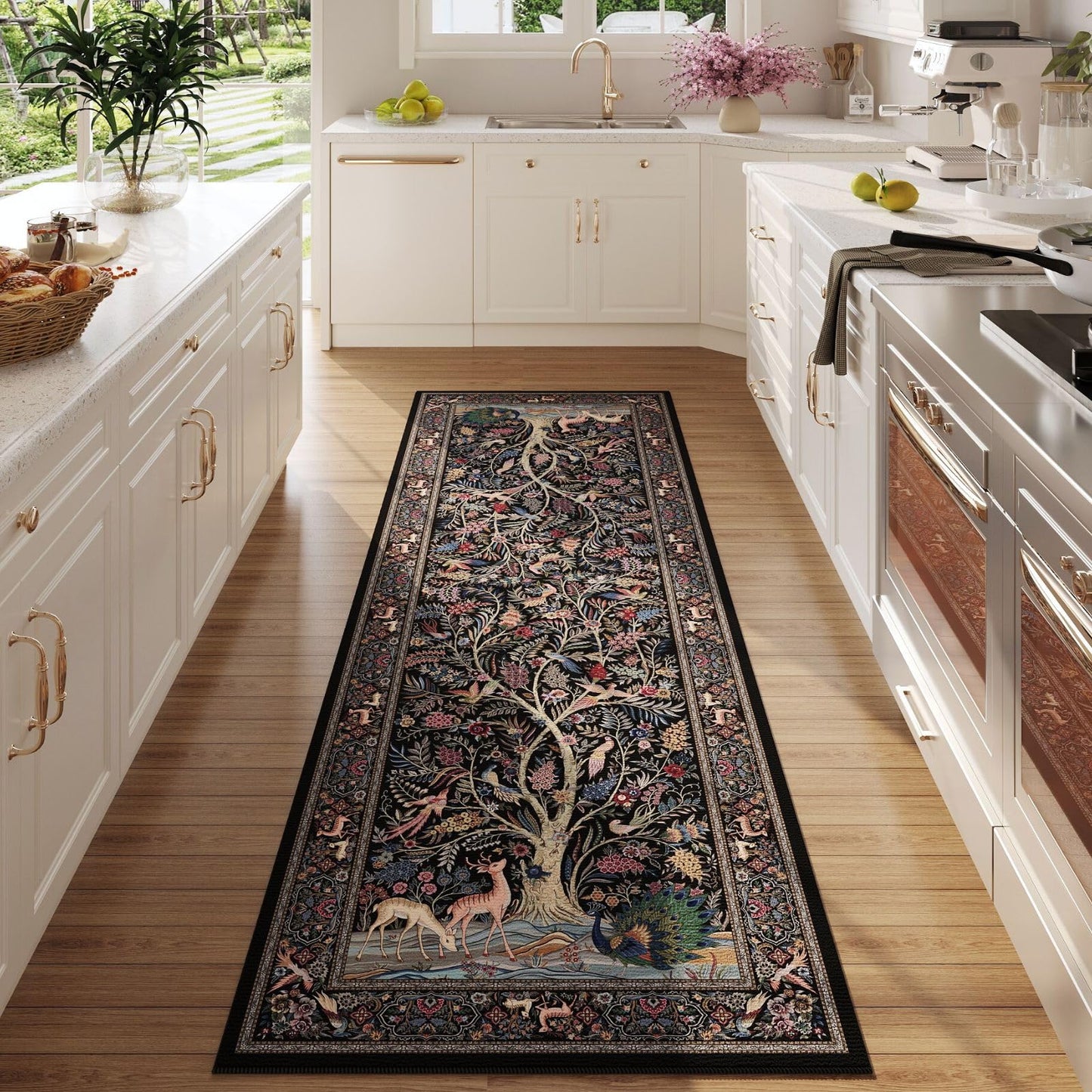 Rugcomf Runner Rug 2x6 Vibrant Tree of Life-Patterned Vintage Kitchen Rugs Non Slip Washable Soft Carpet Runner for Laundry Bedroom Bathroom, Black