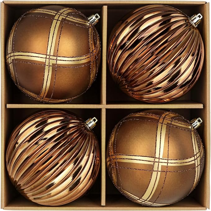4.7" Large Plastic Christmas Balls Ornaments Set of 4, Glitter Shatterproof Christmas Bulbs Ornaments for Xmas Tree Decorations, Bronze & Brown Ornament for Tree, Mantel, Garland, Winter Holiday Decor