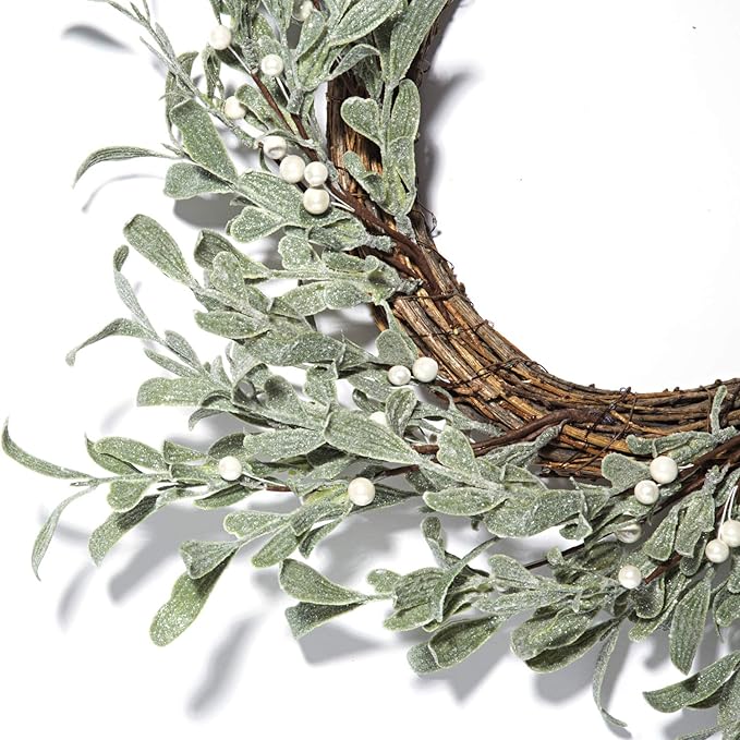 LampLust Winter Wreaths for Front Door Outside, 20 Inch Flocked Wreath with Mistletoe & Pearly White Berries, 75 LED Lights, Battery Powered, Timer, Farmhouse Wreath, Winter Wreaths for Indoors