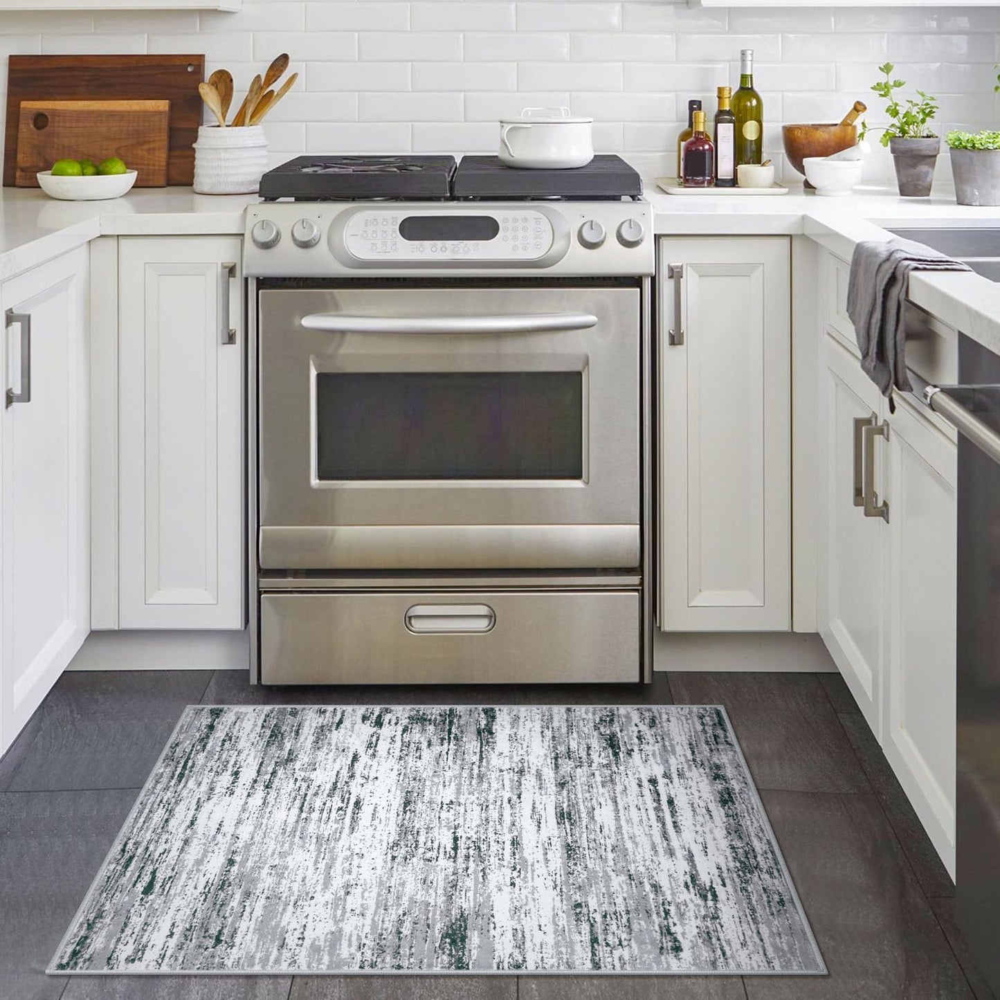 Lansny Modern Abstract Entryway Rug Indoor 2x3 Washable Rug Non-Slip Soft Small Area Rug Black Grey White Kitchen Mats Thin Print Faux Wool Floor Carpet Throw Rugs for Entrance Bedroom Home Decor