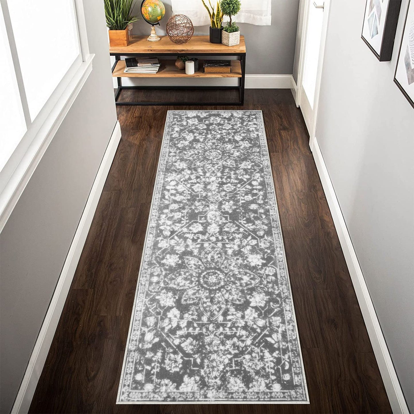 Pauwer Vintage Flower 2'X6' Runner Rug Distressed Runner Rug Non Slip Hallway Runner Washable for Kitchen Living Room Bedroom Entryways Hallways (Grey, 2'X6' Ft)