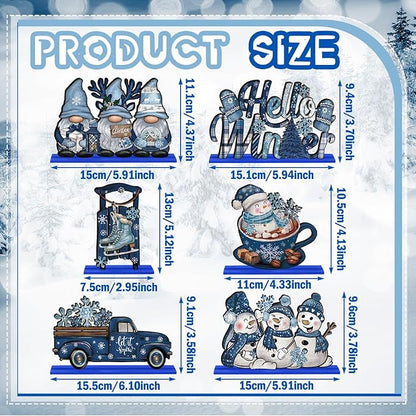 Realspring 6 Pcs Wooden Winter Table Decor Blue Winter Tiered Tray Decor Wood Decorative Gnome Snowman Truck Signs Hello Centerpieces for Kitchen Office Home