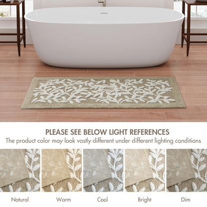 Madison Park Serene 100% Cotton Tufted Bathroom Rug - High & Low Tufting Floral Leaf Design, Quality Luxurious Plush Medium Pile Bath Mat Absorbent, Quick Dry, Shower Room Décor, 21x34 Taupe