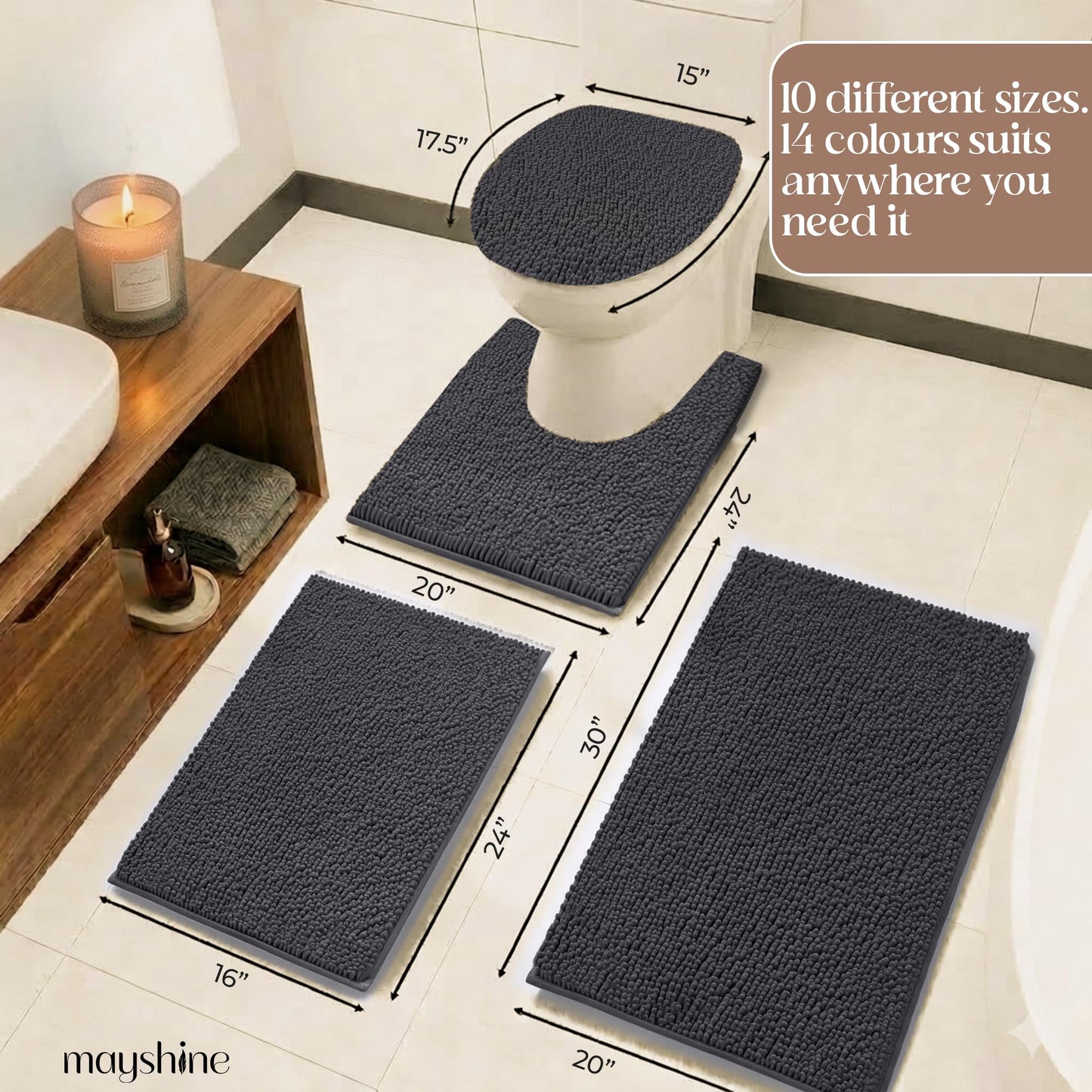 MAYSHINE Small Plush Shaggy Chenille Bath Mat 23"x14" Extra Soft, Super Absorbent, Non-Slip Bathroom Rug | Fluffy Microfiber, Area Rug Sets for Bathroom Floor, Kitchen, Living Room |Charcoal Gray
