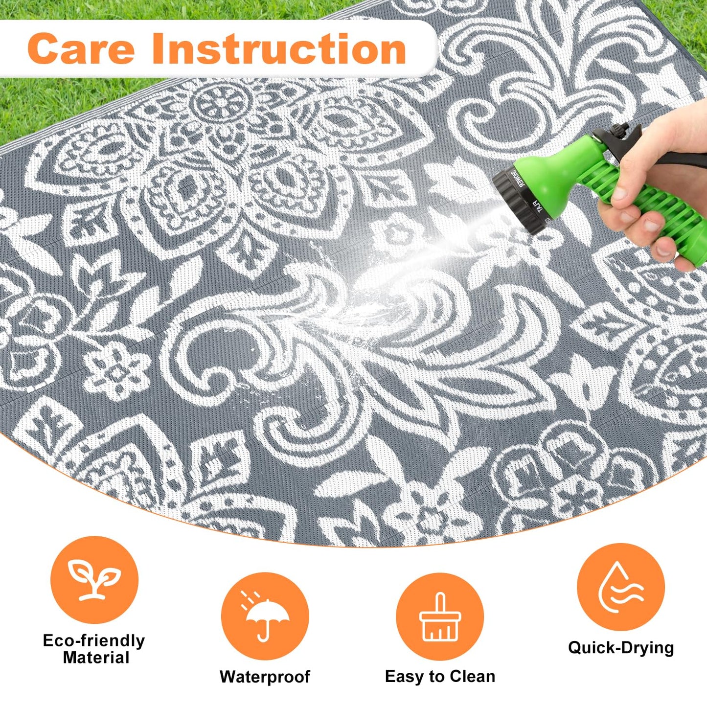 Findosom Waterproof Outdoor Rug 6' x 9' - Reversible Mandala Outdoor Plastic Straw Rug, Durable Foldable Patio Rug for RV, Deck, Balcony, Backyard, Picnic, Porch, Camping, Beach, Gray