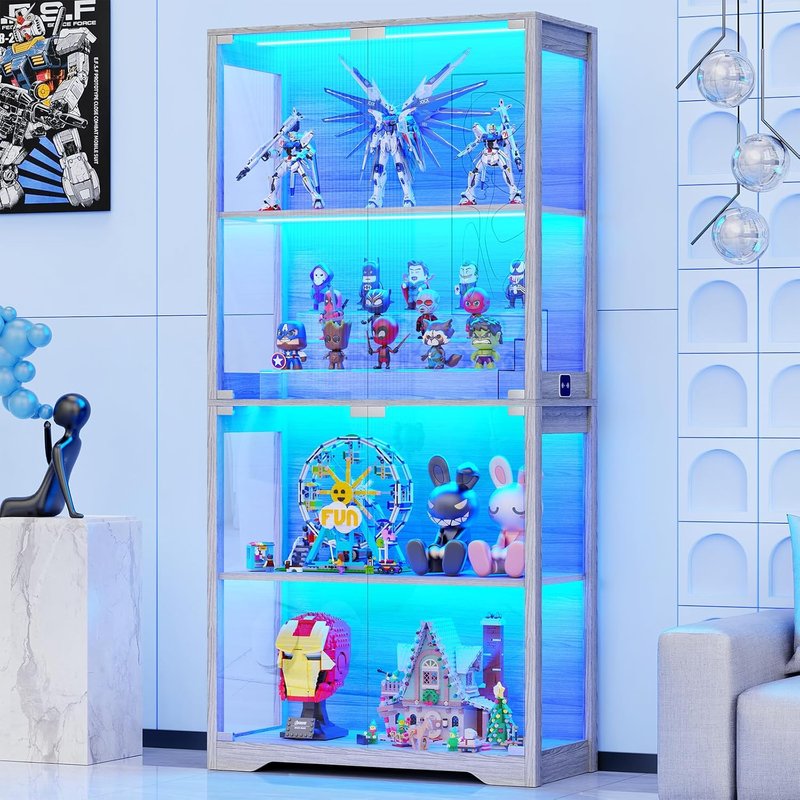 Display Cabinet - 4-Tier Curio Cabinet with Glass Doors & 3 Color Lights | Gray Storage Case for Collectibles