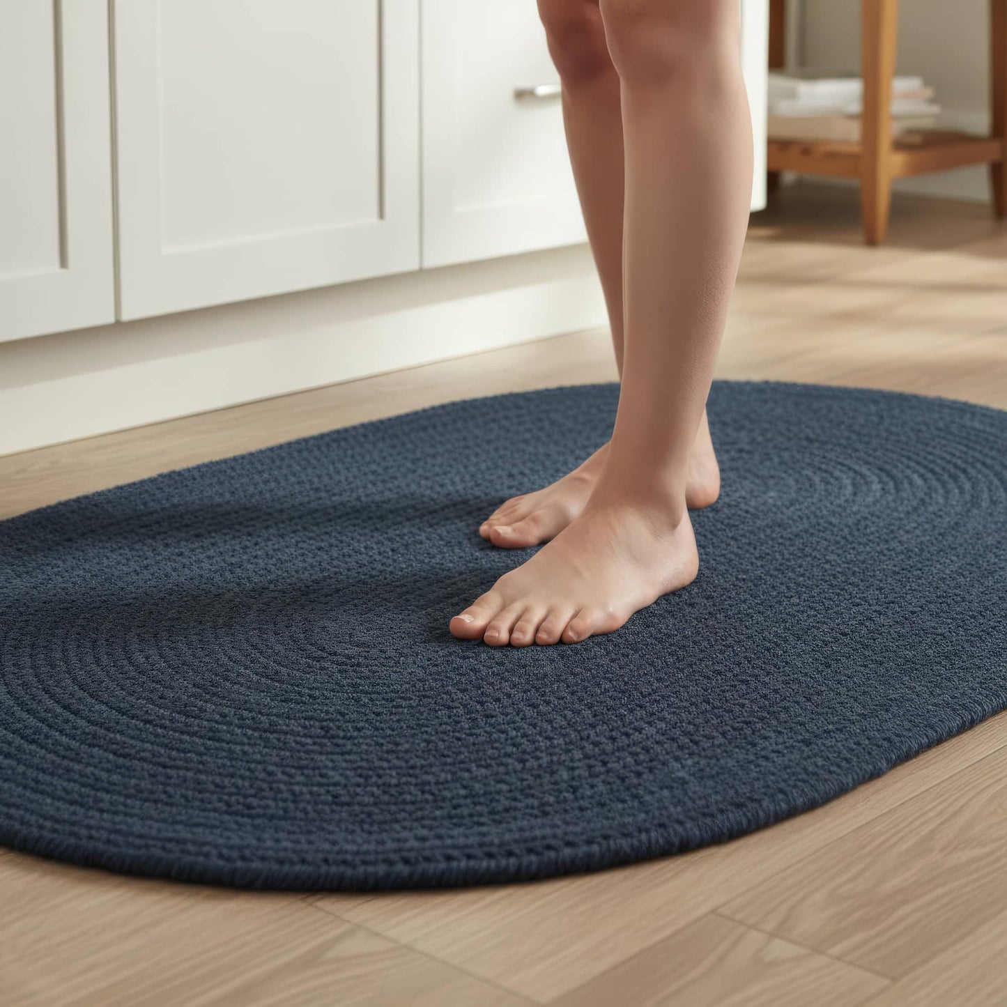 Kitchen Braided Rug - Navy Blue Braided Rugs for Entryway - Reversible Indoor/Outdoor Primitive Rug - Easy Clean Bathroom Mat - Oval 2' X 3'