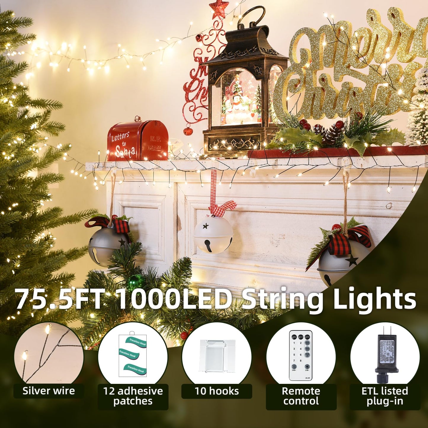 Lycklig Fairy Lights Plug in 65Ft 1000LED Warm Christmas Wreath Twinkle Lights with Timer Remote Waterproof Firecracker Firefly Cluster String Light for Bedroom Graland Party Tree Decor Black Wire