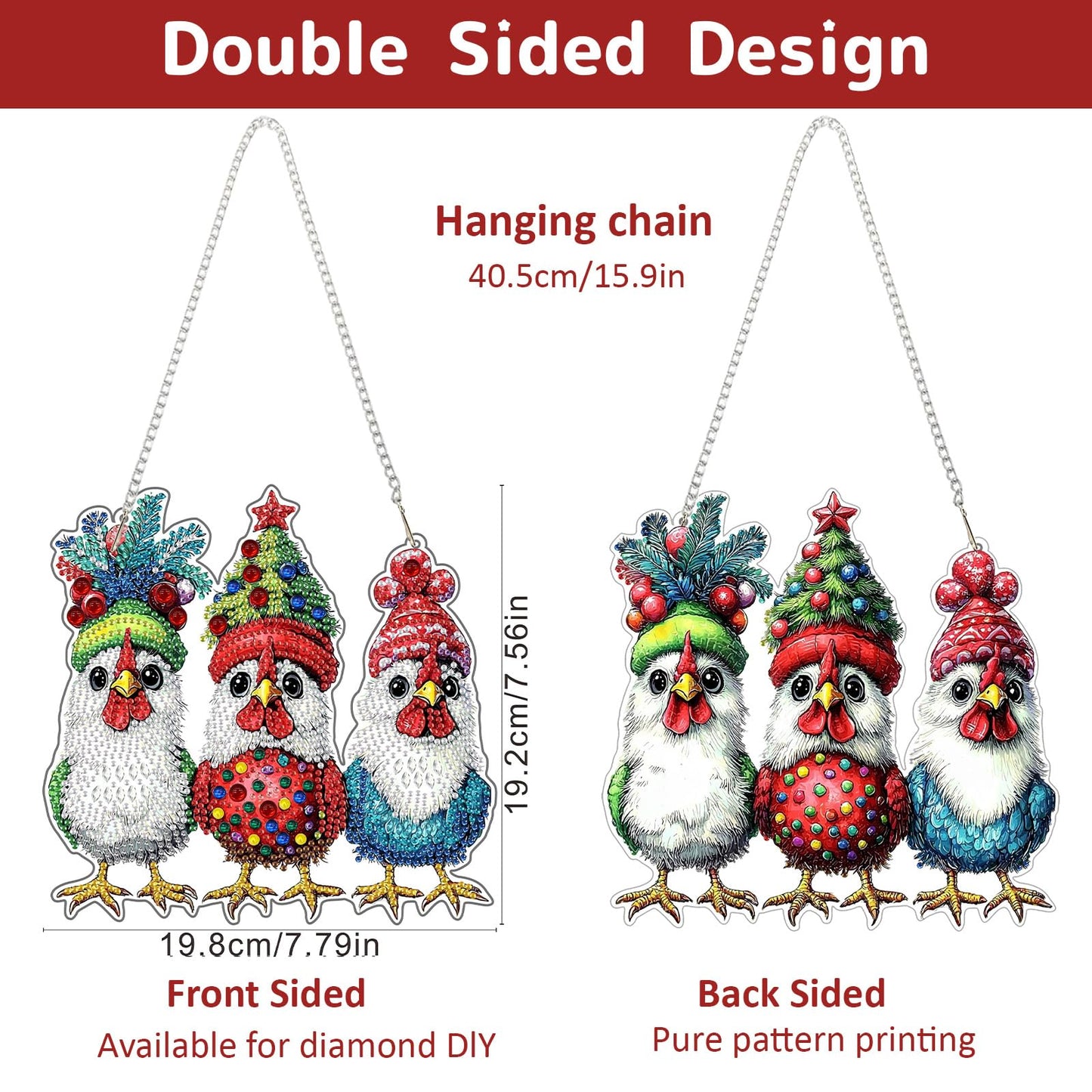 Genius maker Christmas Diamond Art Hanging Kits for Adults, Chicken Diamond Painting Pendant Kits, DIY Acrylic 5D Special Shaped Crystal Diamonds Gem Art Painting Ornament for Home Wall Decor Gift