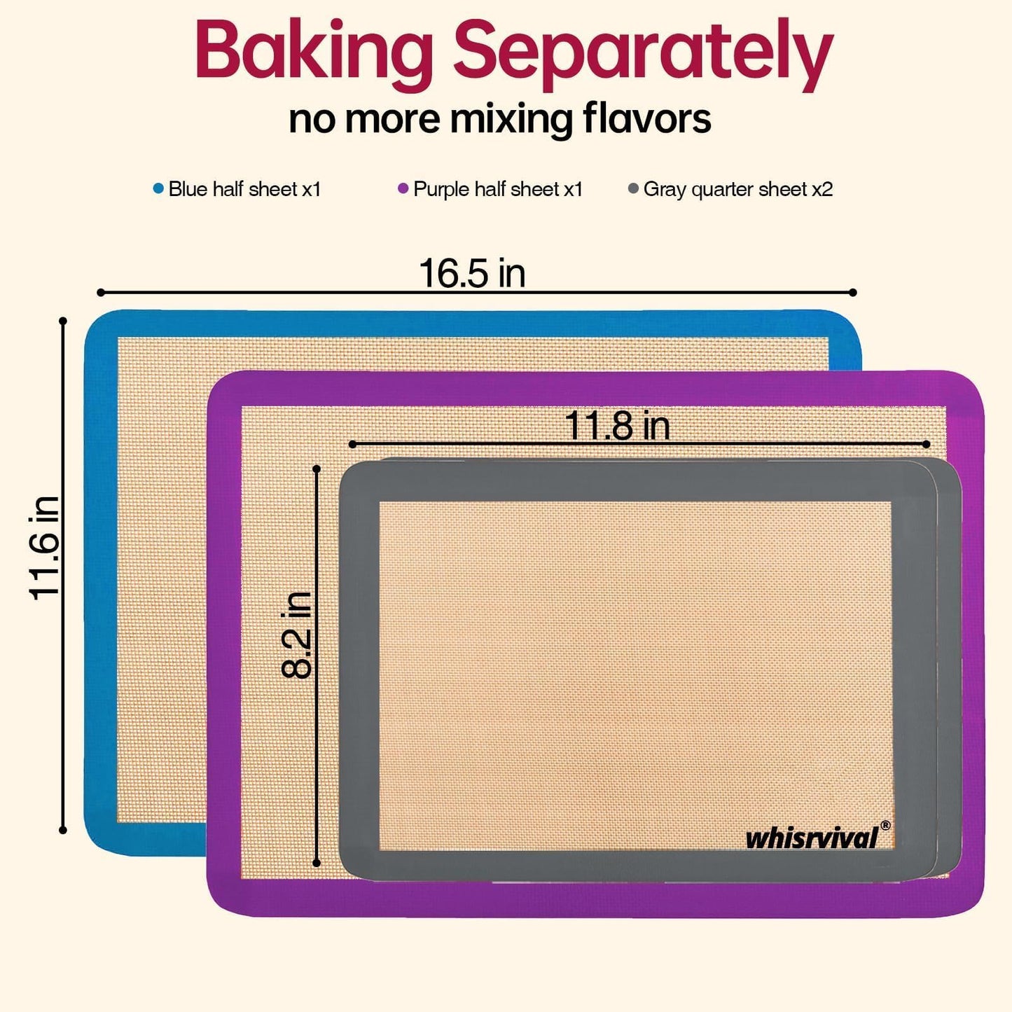 whisrvival 4 Pack Silicone Baking Mat, Non-Stick Silicone Baking Sheet, Food Safe Silicone Mats for Baking, 480℉ Heat Resistant, 2 Half & 2 Quarter (Purple, Blue, Grey)