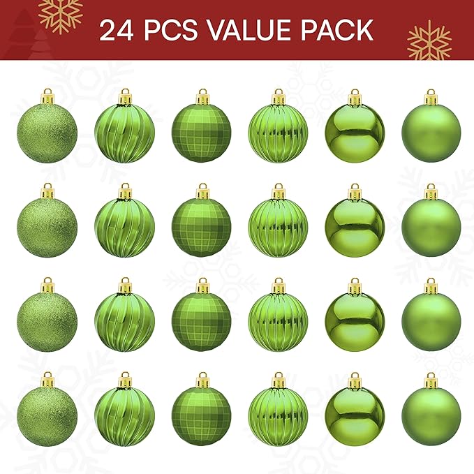 JOIEDOMI 24 Pcs Lime Green Christmas Balls Ornaments Set, 2.36" Christmas Tree Ornaments Shatterproof, Xmas Balls Hanging Decorations for Tree Wreath Garland Holiday Wedding Indoor Party Decor
