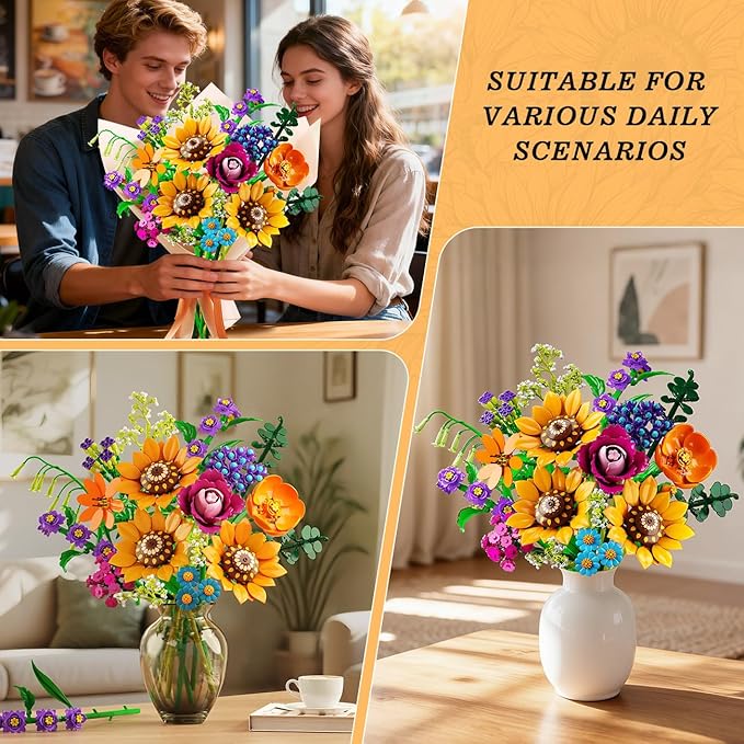Wild Flowers Bouquet Building Set with Lights - 912PCS Wildflower 18 Botanicals Collection Building Blocks Sunflower Rose Plants Home Decor Easter Gift for Her Mom Women Adults Girls 12+