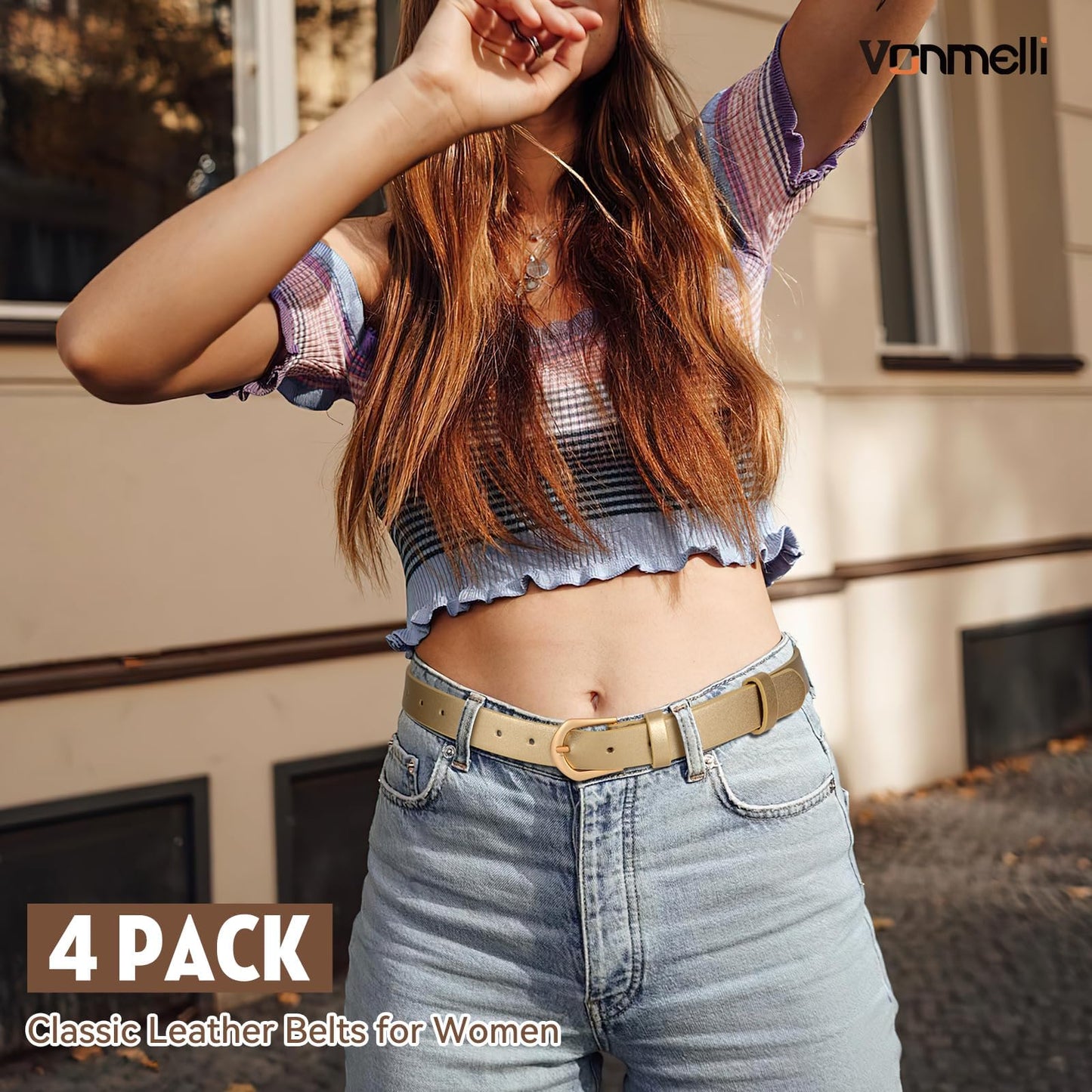 VONMELLI 4 Pack Womens Thin Leather Belt Skinny Waist Belts for Women Fashion Jeans Dress with Gold Buckle, Black Brown Beige Gold, XS
