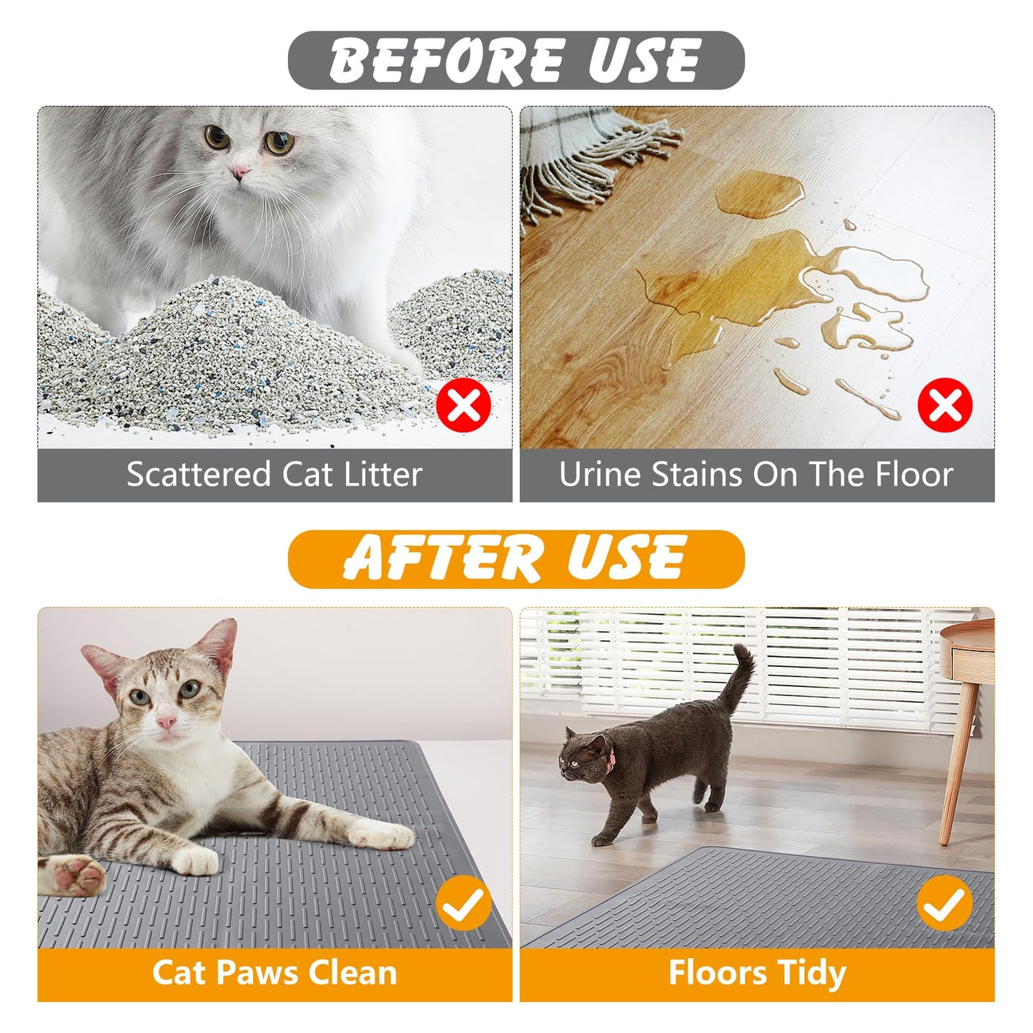 Silicone Cat Litter Mat, 28x20 in Waterproof Litter Box Mat Cats Feeding Mats with Raised Edges, Quick Clean Desig (Grey)