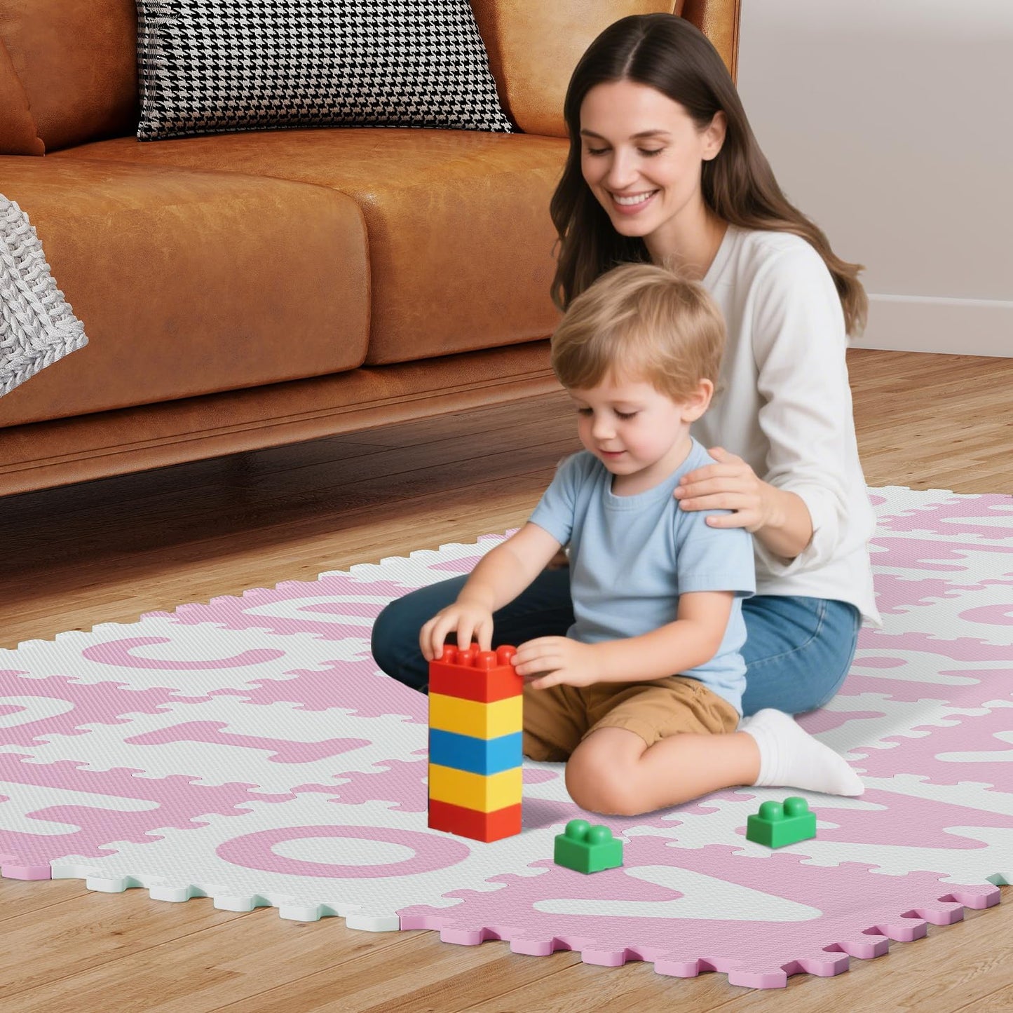 HONEY JOY Foam Floor Tiles for Kids, 12.5” x 12.5” EVA 26-Piece Interlocking Alphabet Puzzle Play Mat, Non-Slip Large Soft Carpet Rug, Easy to Clean, for Baby Crawling Exercise, Playroom (Pink)