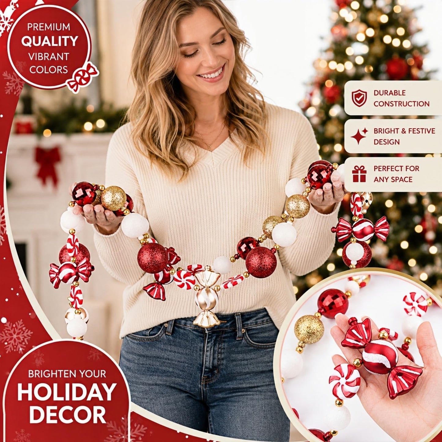 Candy Garland Christmas Decorations 9FT, Red White Gold Candy Bead Garland for Christmas Tree, Mantle, Party, and Holiday Decor