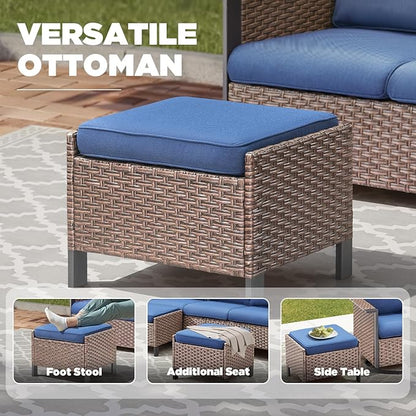 5 Pieces Outdoor Patio Furniture Set-High Back Wicker Patio Swivel Glider Chairs with 2 Multifunctional Ottoman and Glass Side Table, Outdoor Patio Conversation Sets for Porch Deck Brown/Blue