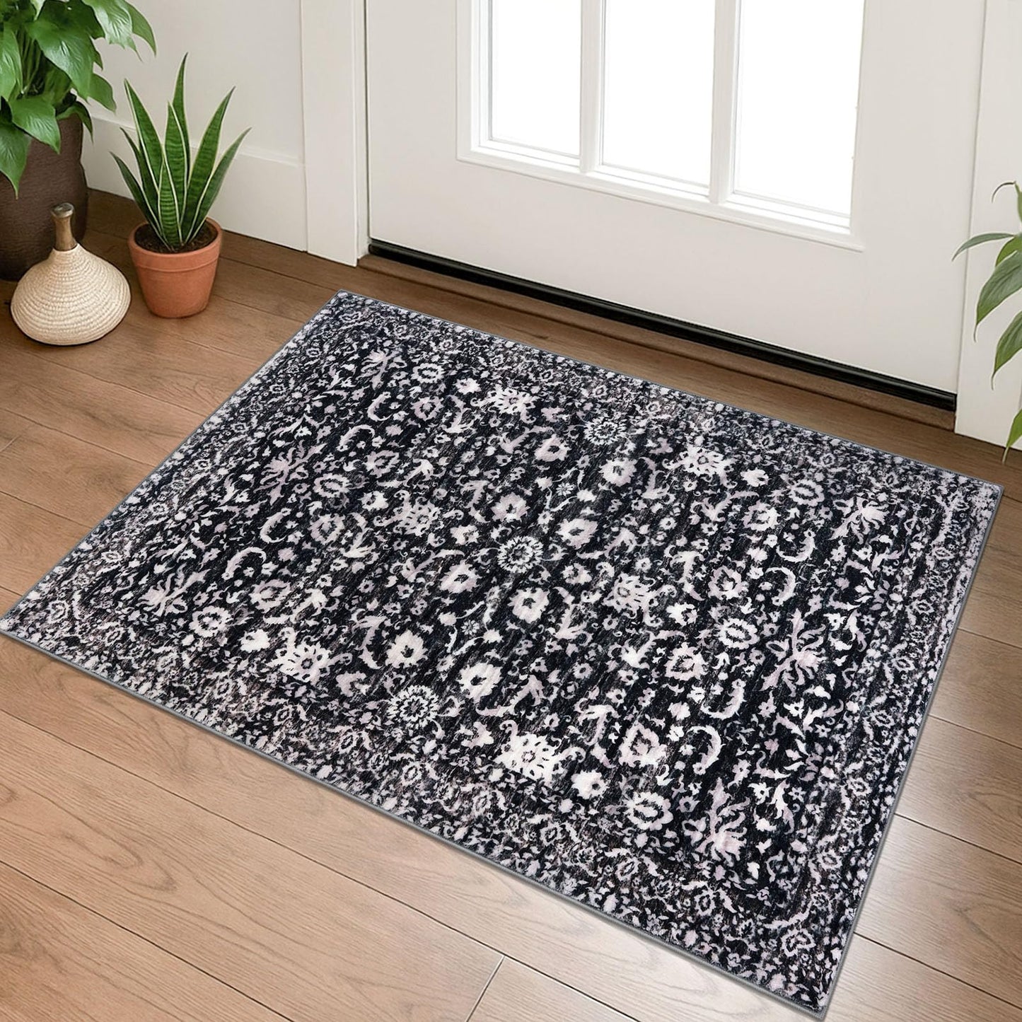 Lansny Vintage Entryway Rug 2x3 Washable, Black and White Kitchen Rug, Super Soft Thin Faux Wool Small Area Rug, Non-Slip Accent Mat for Foyer, Bedroom, Office